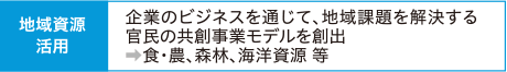 企業のビジネスを通じて、地域課題を解決する官民の共創事業モデルを創出→食・農、森林、海洋資源等